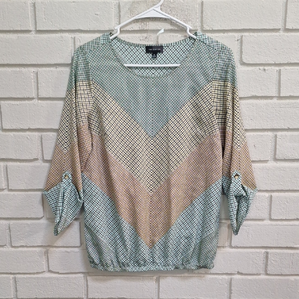 Limited Multicolor Crew-Neck Button Sleeve Blouse. Size XS NWOT